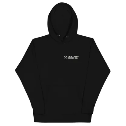Front view of a hooded sweatshirt featuring the True Grind Coffee Co. logo.